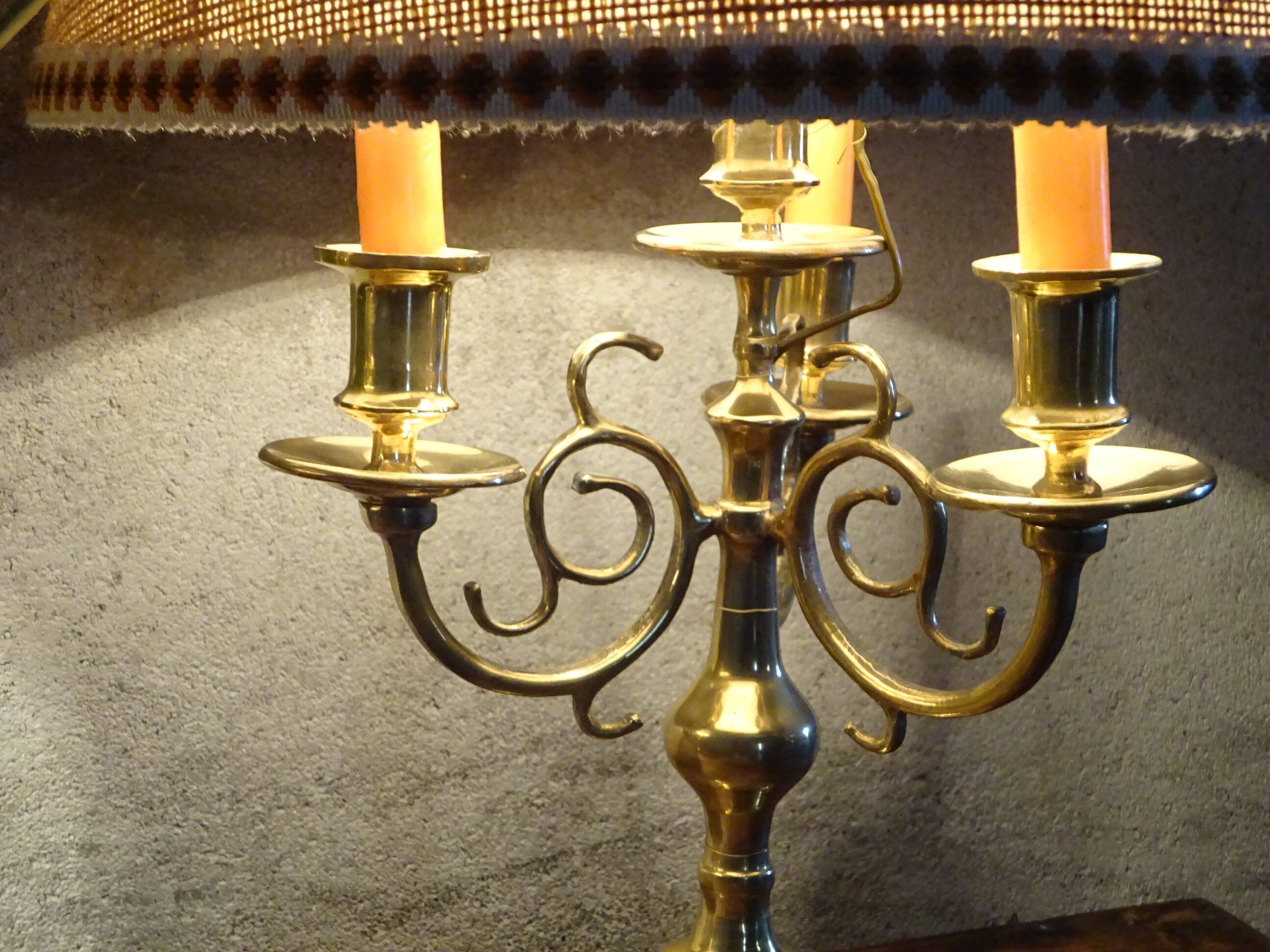 Copper candlesticks adapted as bedside lamps, the pair.