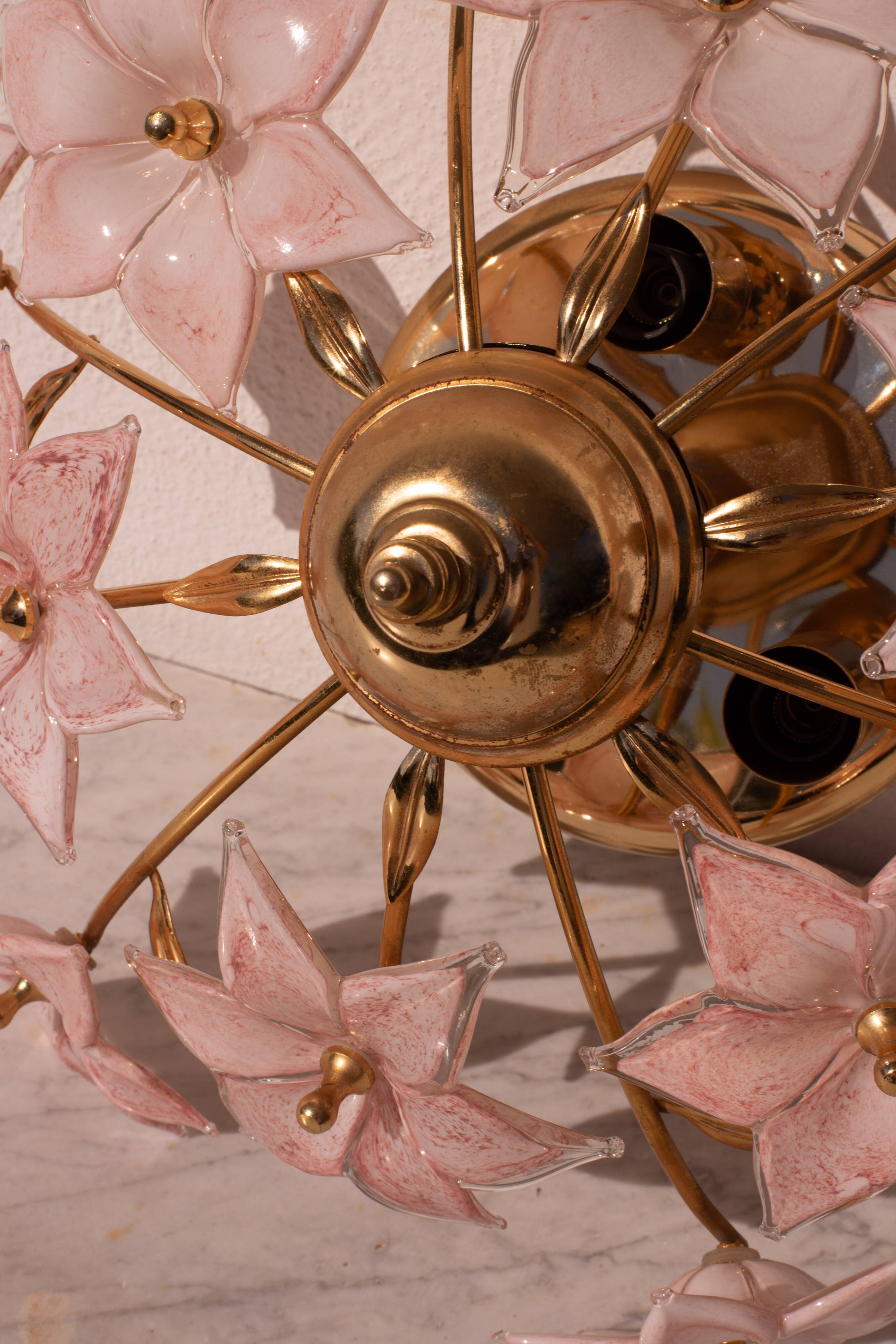 Charming Murano Vintage Ceiling Light Pink Flowers, 1970s