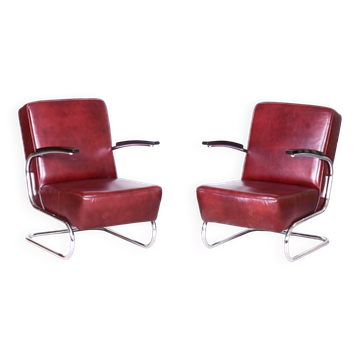 Czech Bauhaus Armchairs in Red Leather and Chrome by Arnošt Beck, 1930s, Set of 2