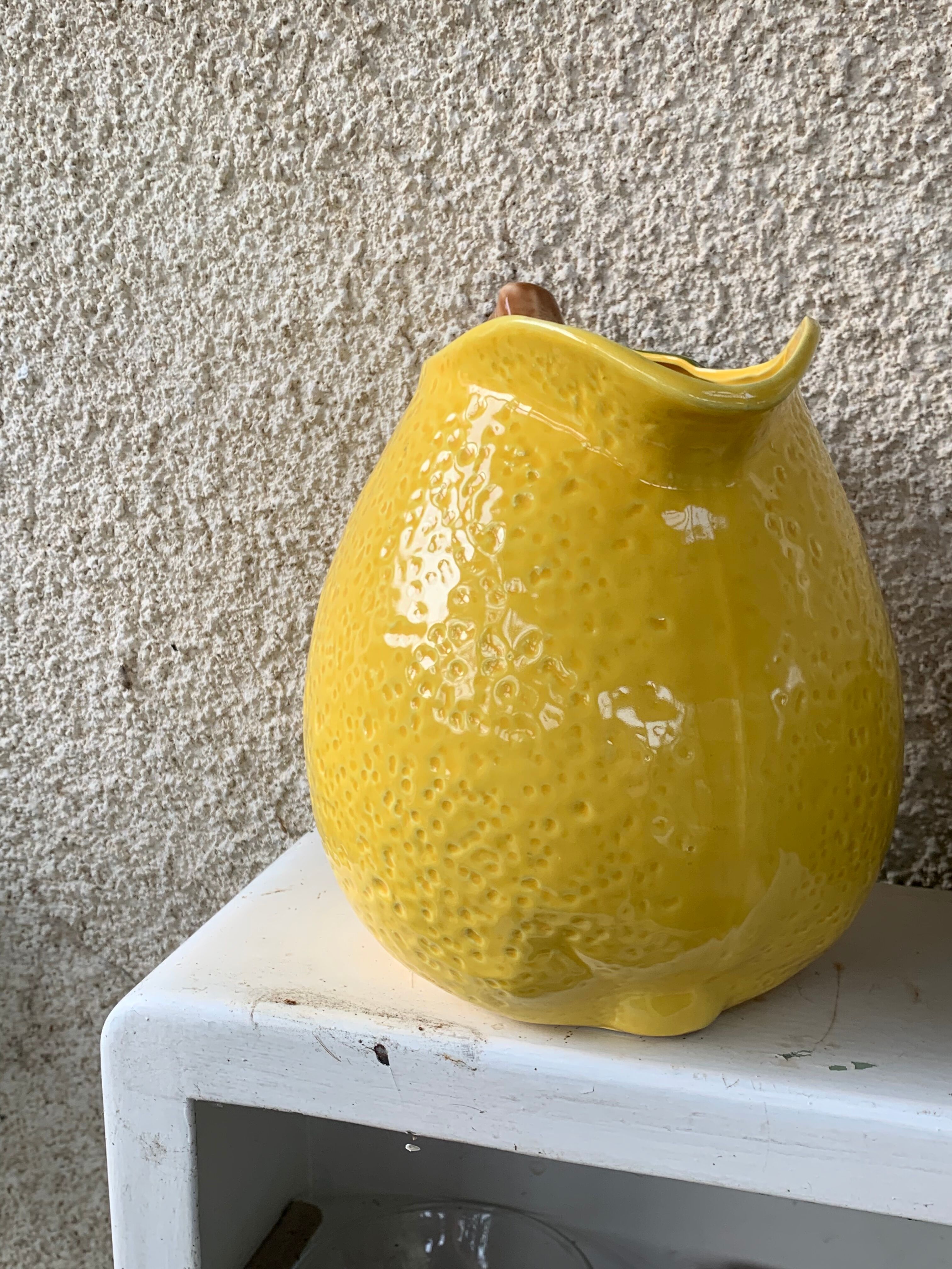 Lemon pitcher in ceramic slurry glazed yellow and green vintage