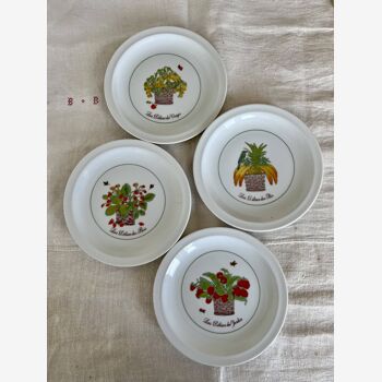 4 assiettes à dessert vintage en porcelaine et illustrations fruits liseré vert