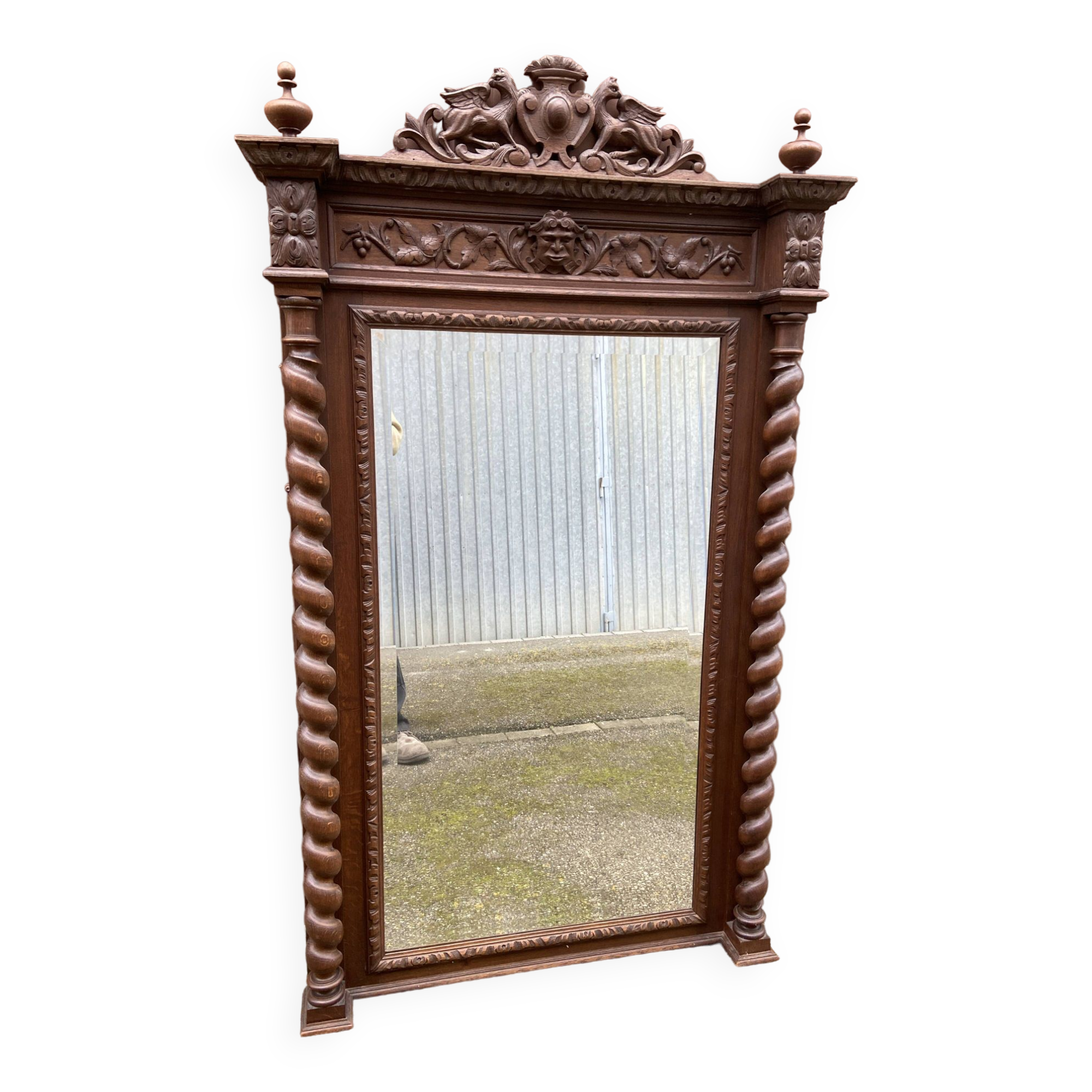 Renaissance style castle hunting mirror Louis XIII carved oak 1880