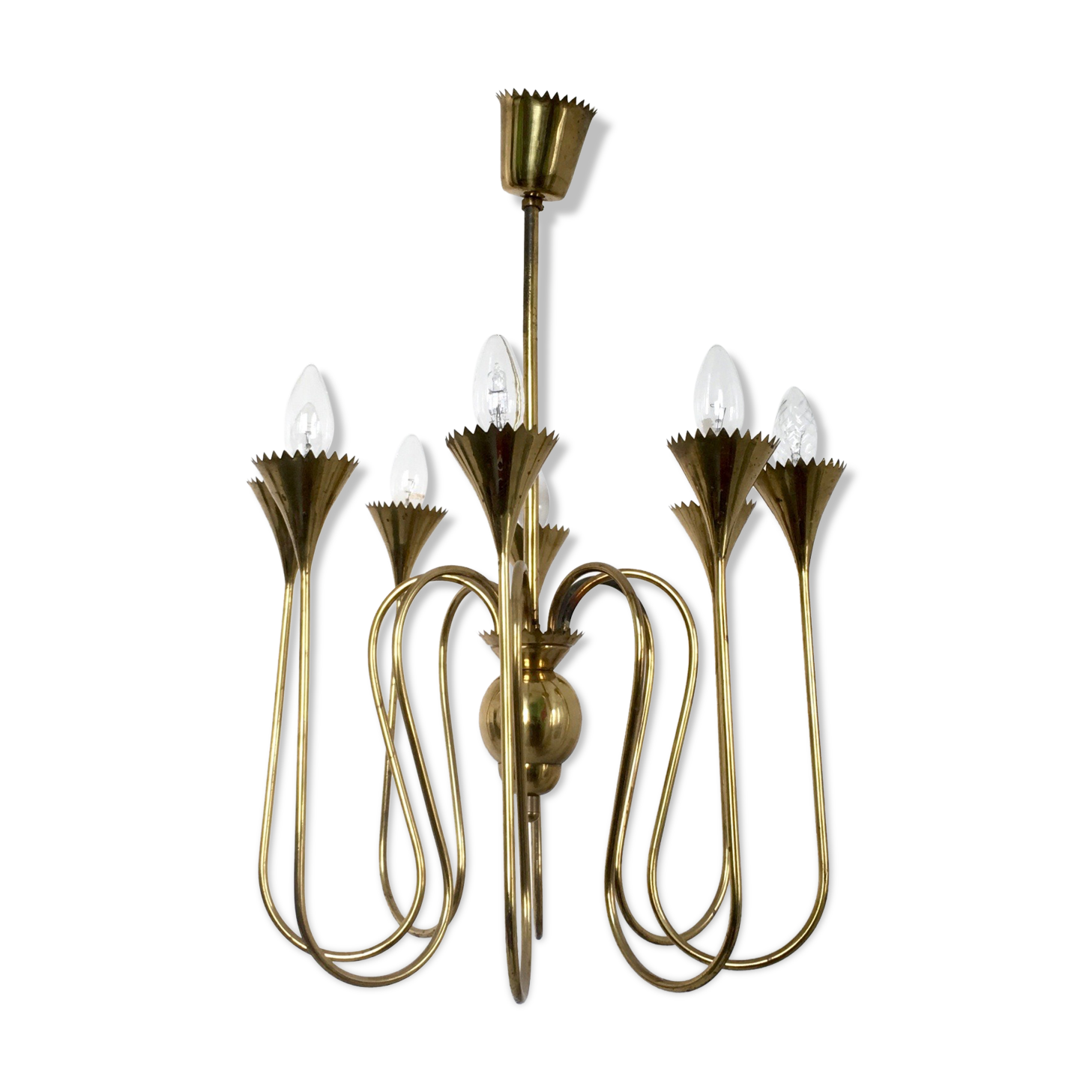 Vintage Eight-Light Brass Chandelier Highly Ascribable to Ulrich, Italy