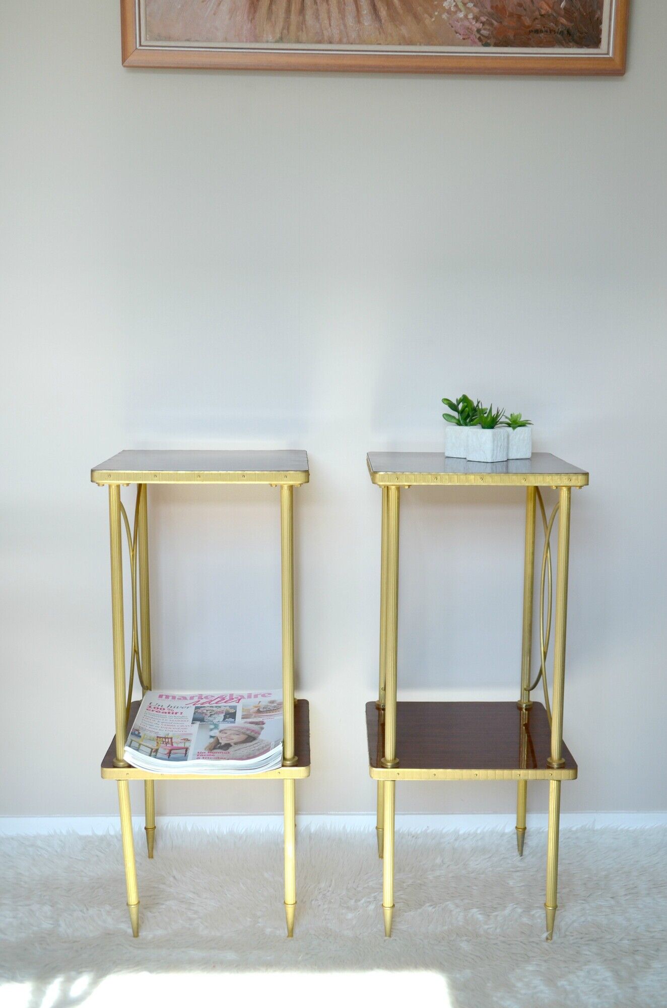 Pair of nightstands vintage formica and brass style rings