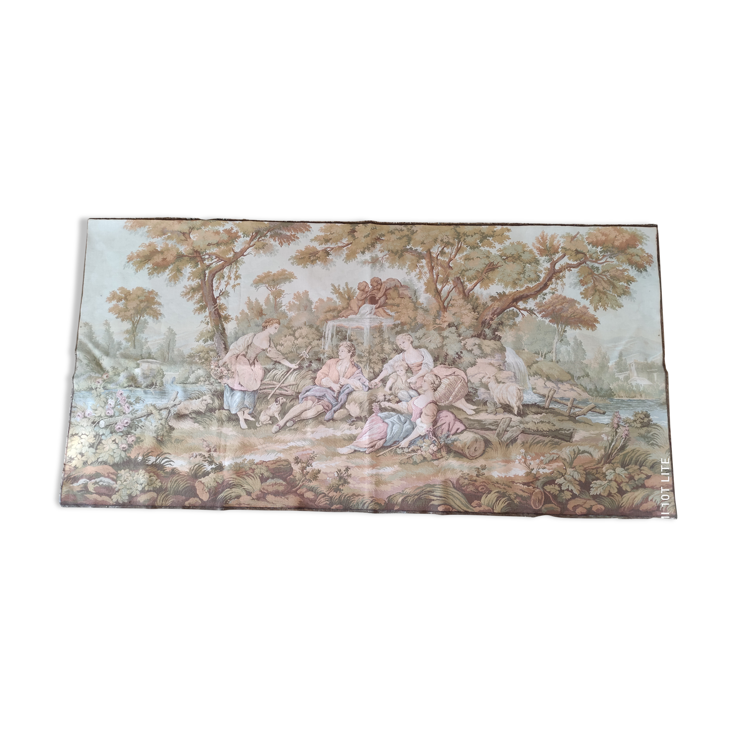 Wall tapestry type Gobelins middle 20th country decoration polychrome shepherds, shepherdesses and sheep