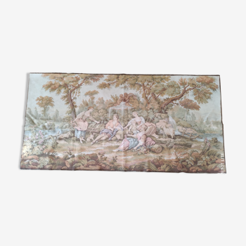 Wall tapestry type Gobelins middle 20th country decoration polychrome shepherds, shepherdesses and sheep