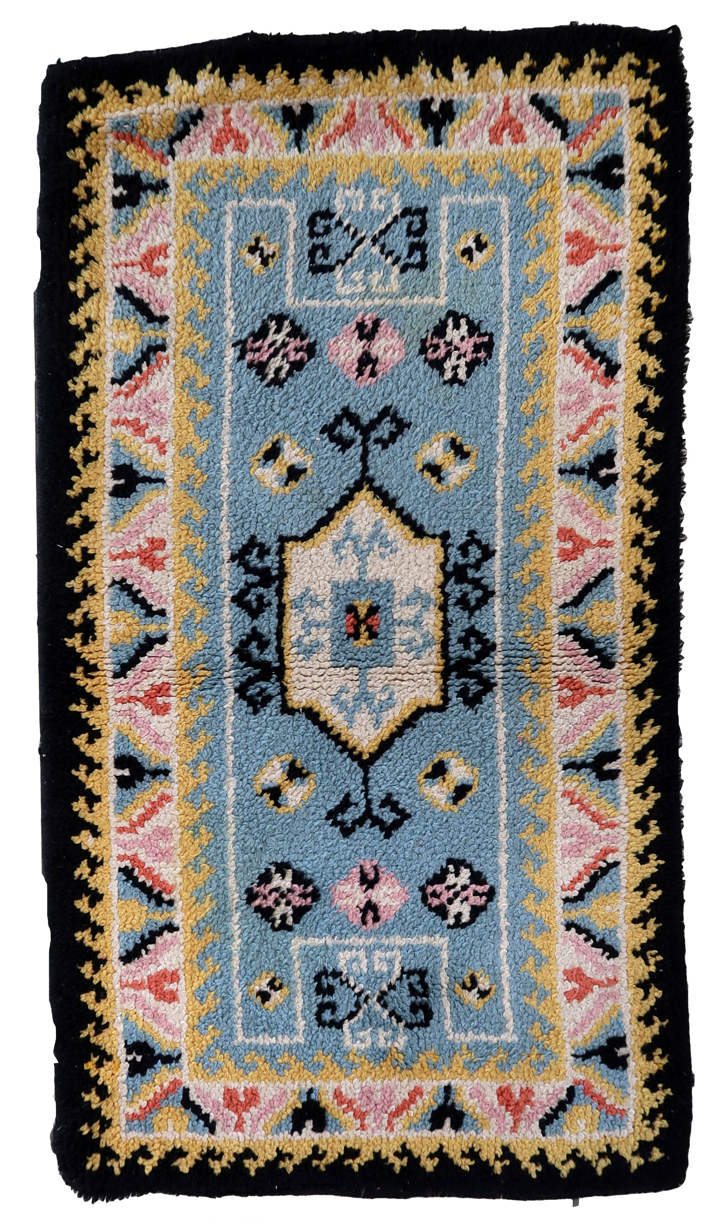Tapis vintage français Savonnerie fait main en laine – 71 x 128 cm – 1960s