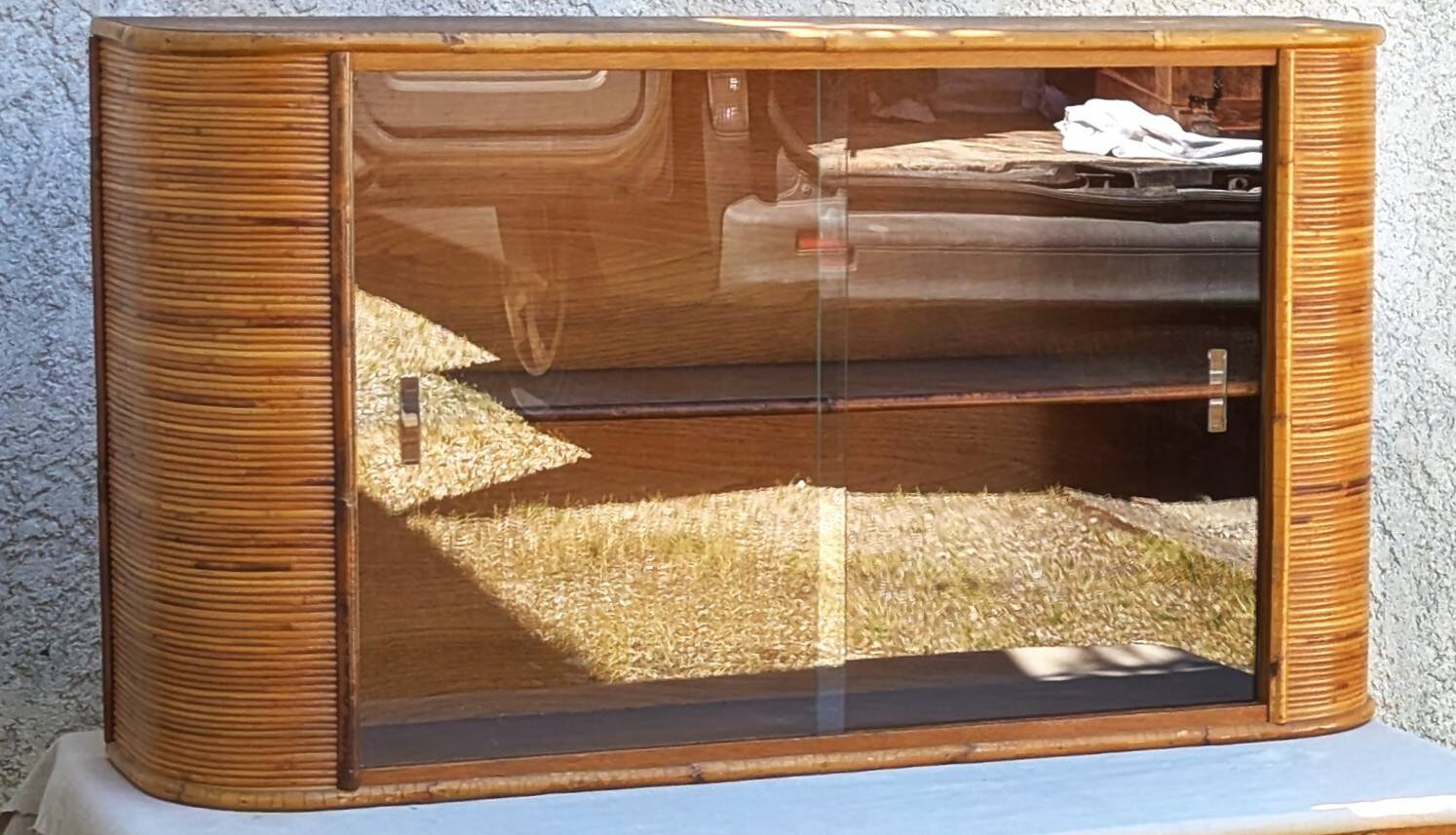 Vintage Glass Wall Shelf in Wood and Rattan, Rounded Corners