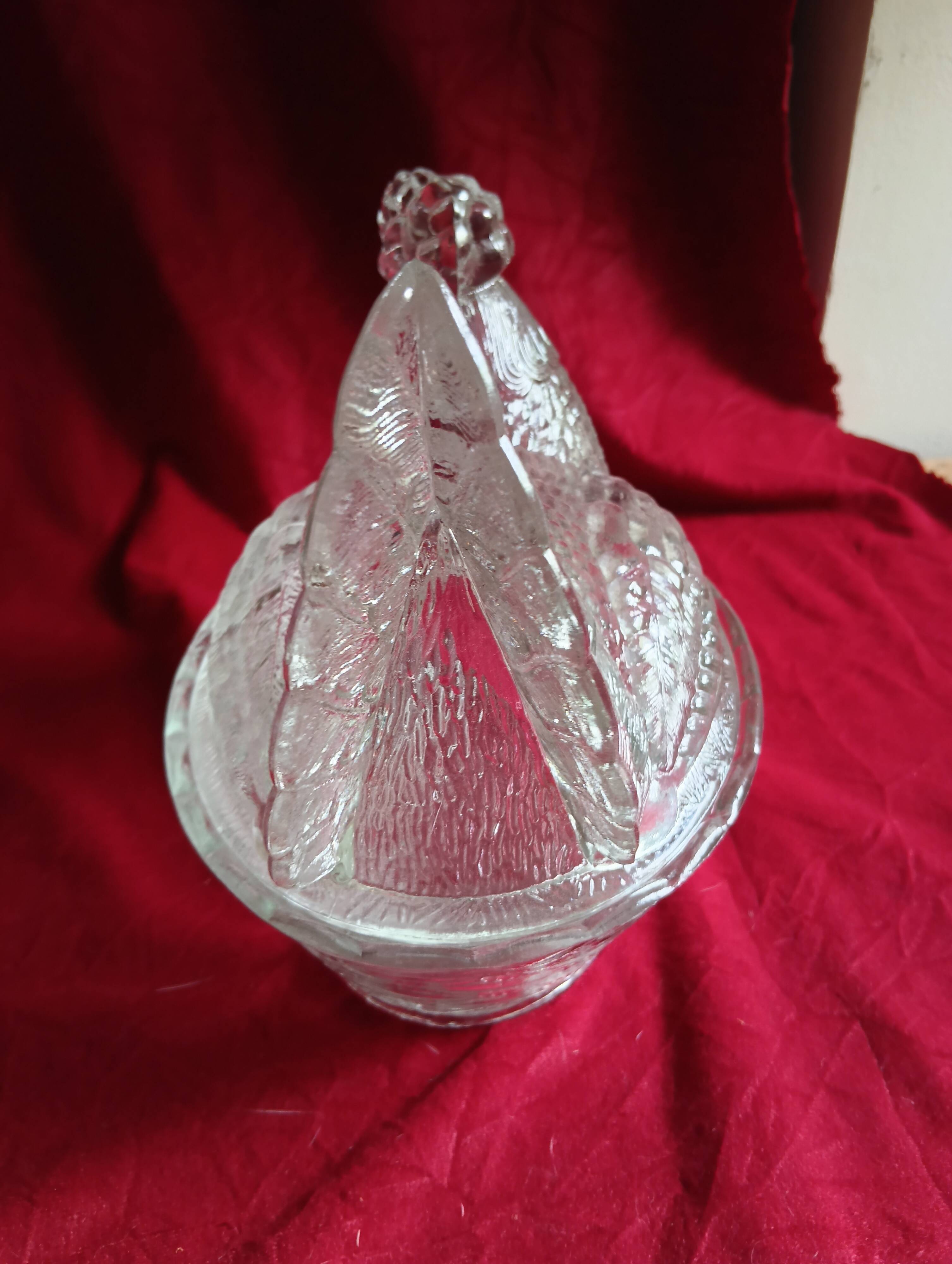 Old hen on her moulded glass nest - vintage sweet jar