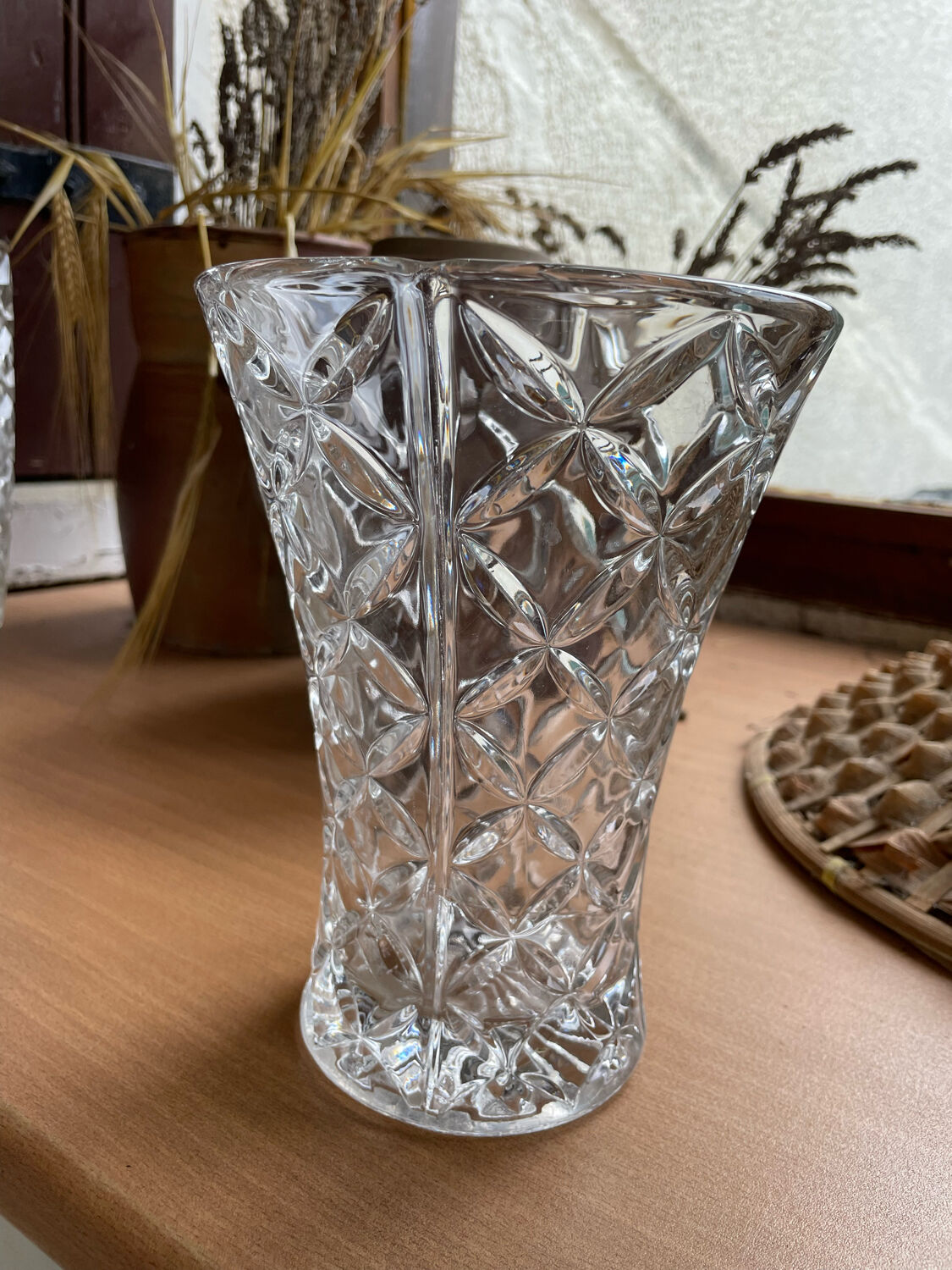 Vintage chiseled glass vase transparent glass