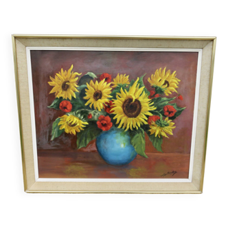 Still life painting, sunflower, signed