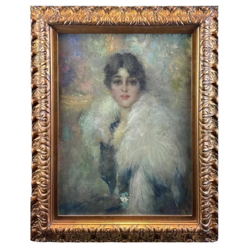 Oil painting on canvas, portrait of a young woman, Italy signed and dated 1917