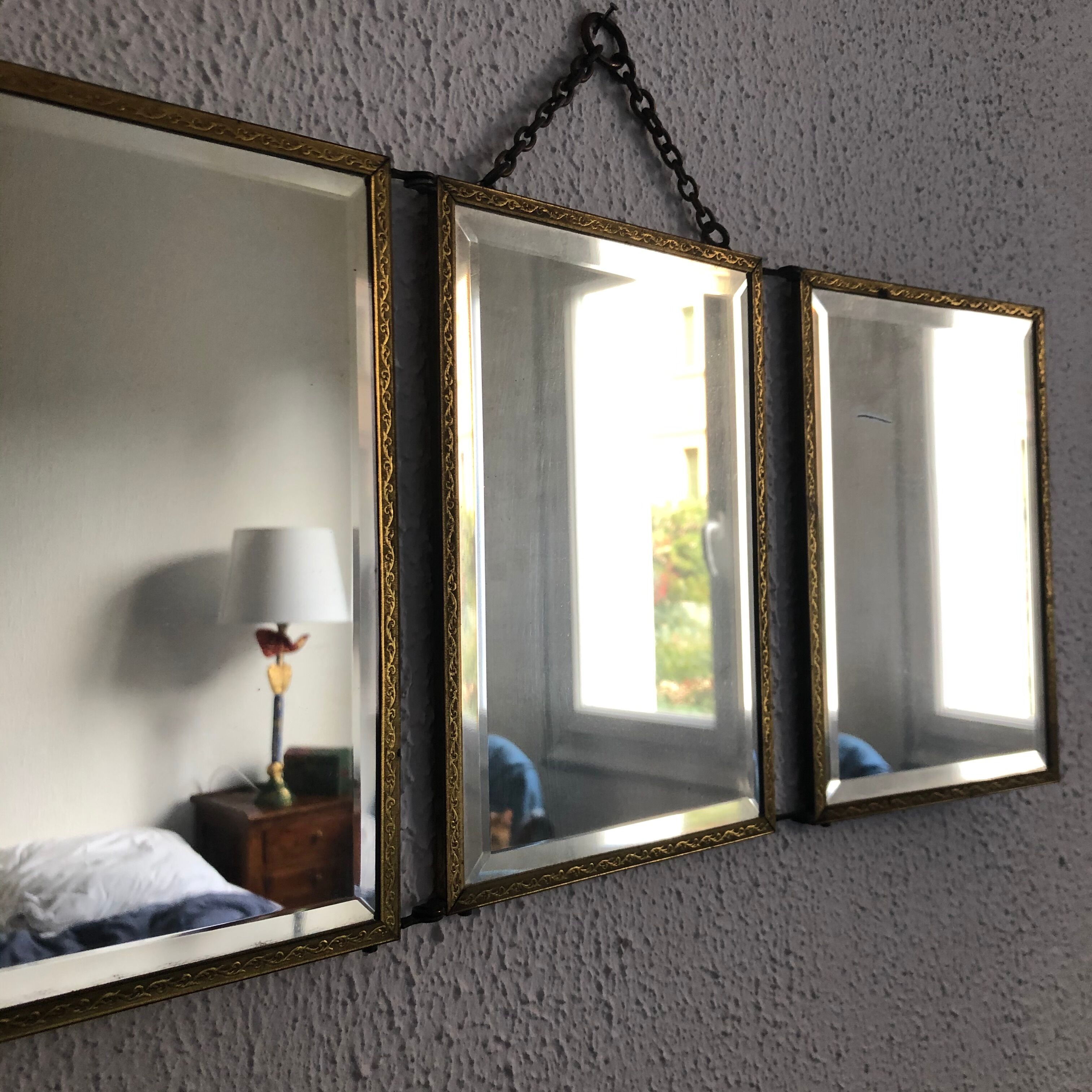 Vintage brass bevelled triptych mirror 1900 - 21 x 49 cm