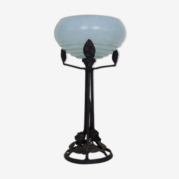 Art Deco lamp wrought iron foot and globe in speckled blue Clichy glass.