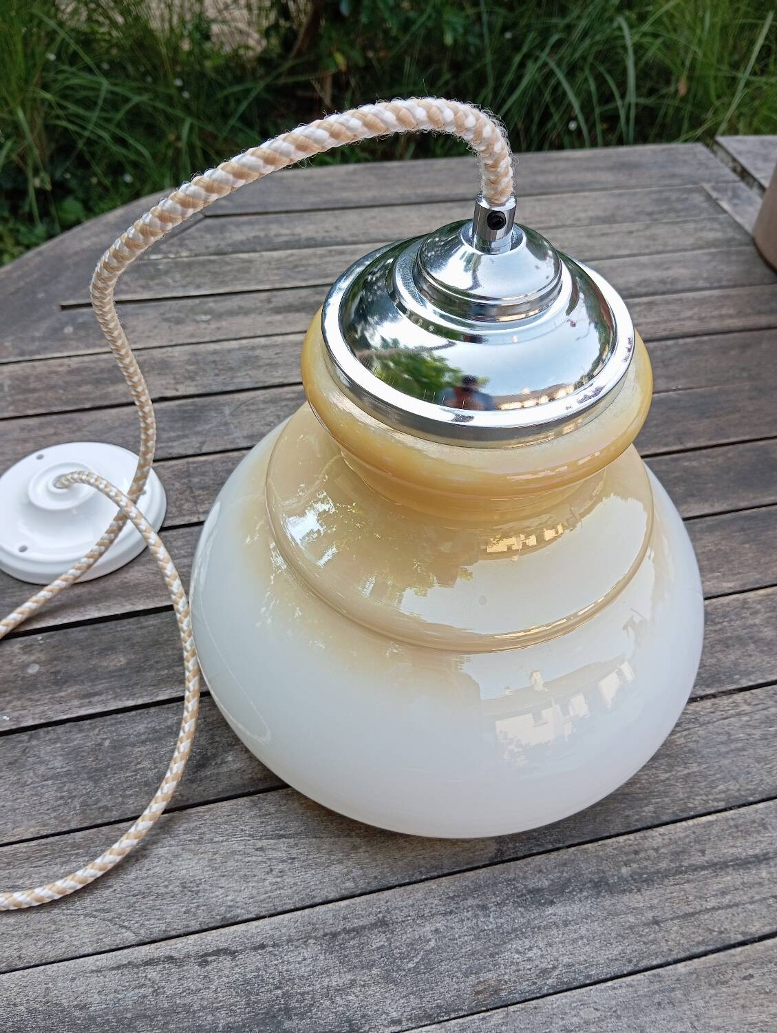 Honey cream opaline pendant light with chrome finish