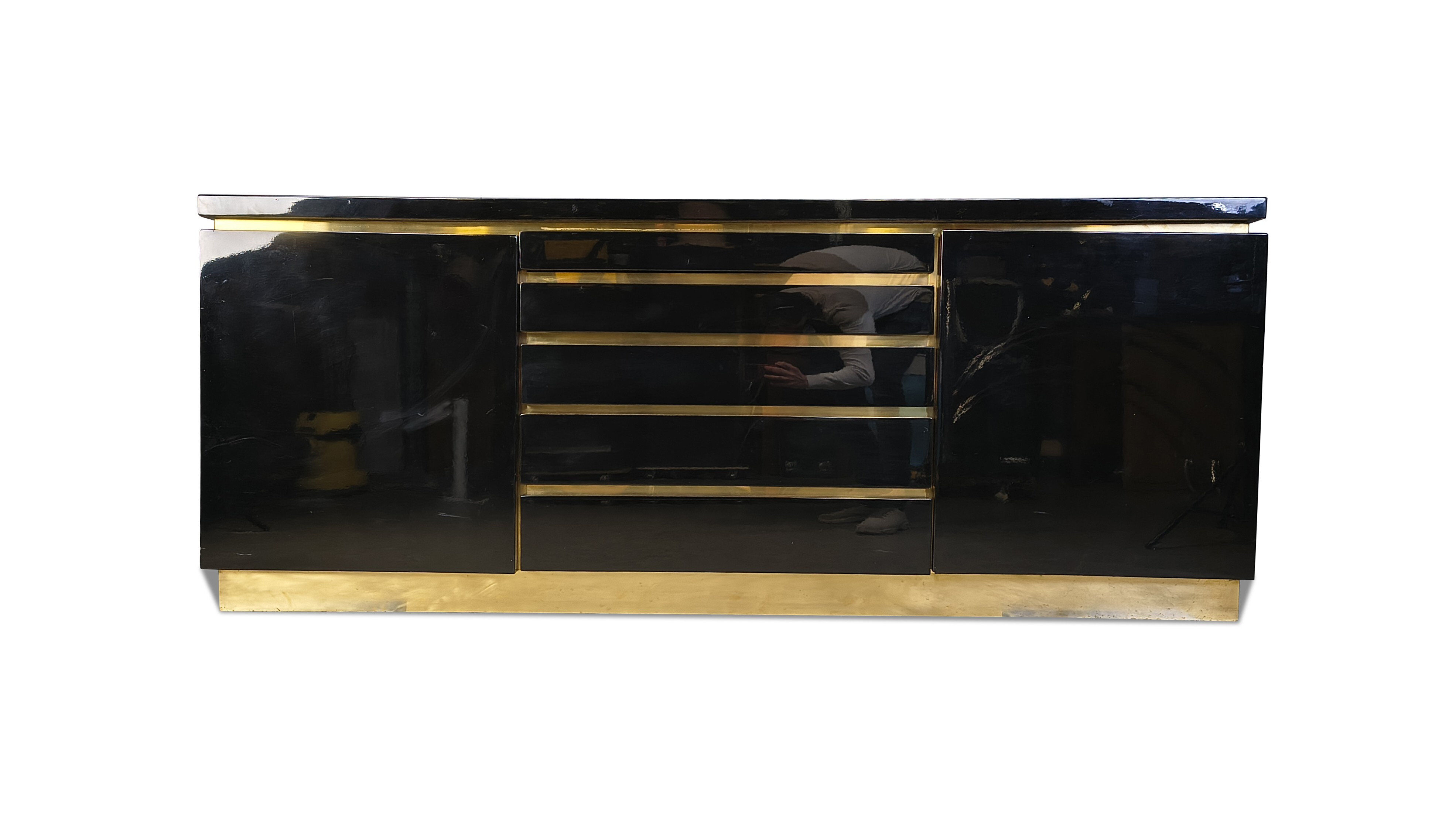 Brass and lacquer sideboard by Jean Claude Mahey, 1970s