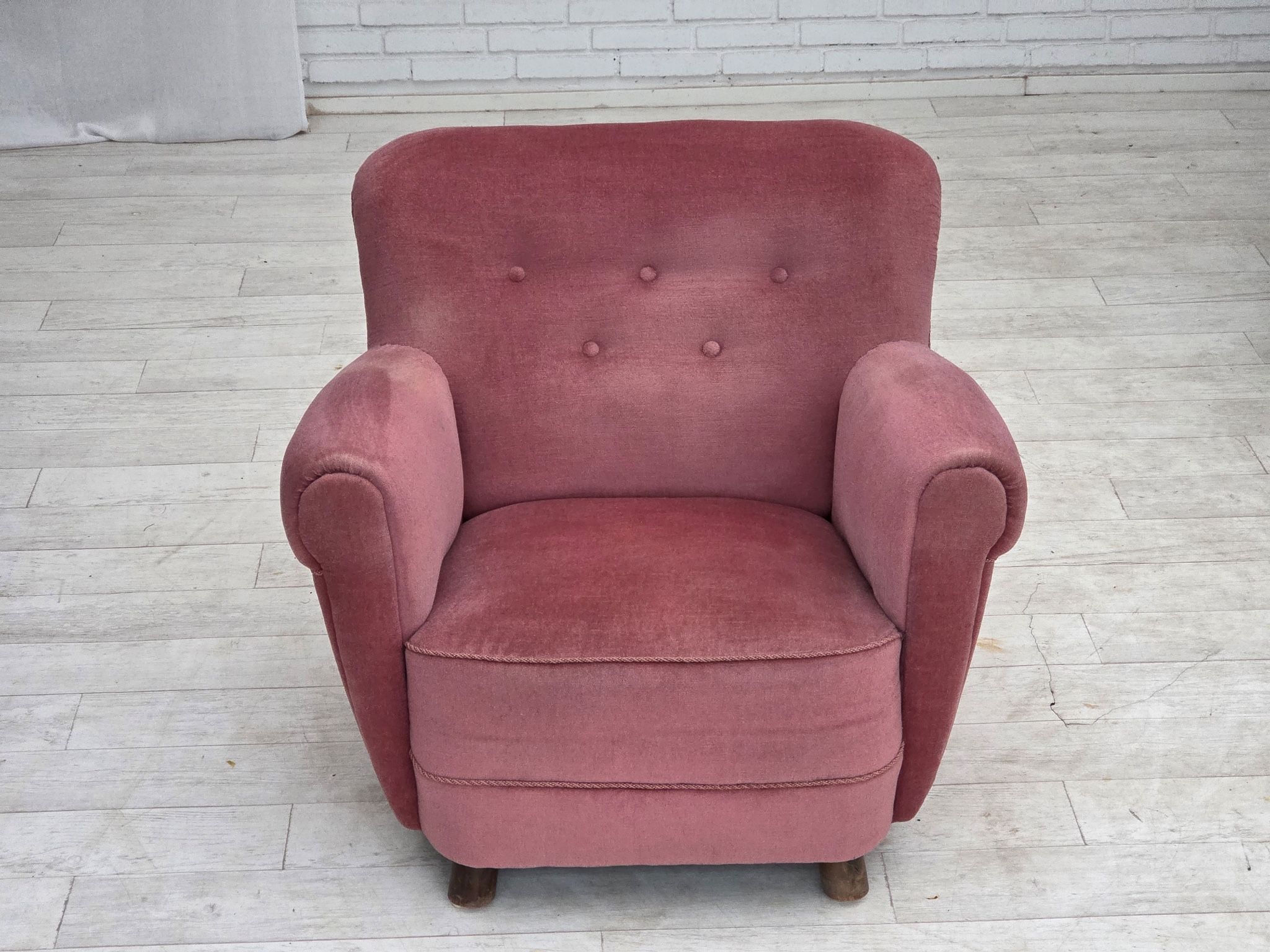 1960s, Danish relax armchair, furniture velour, oak wood.