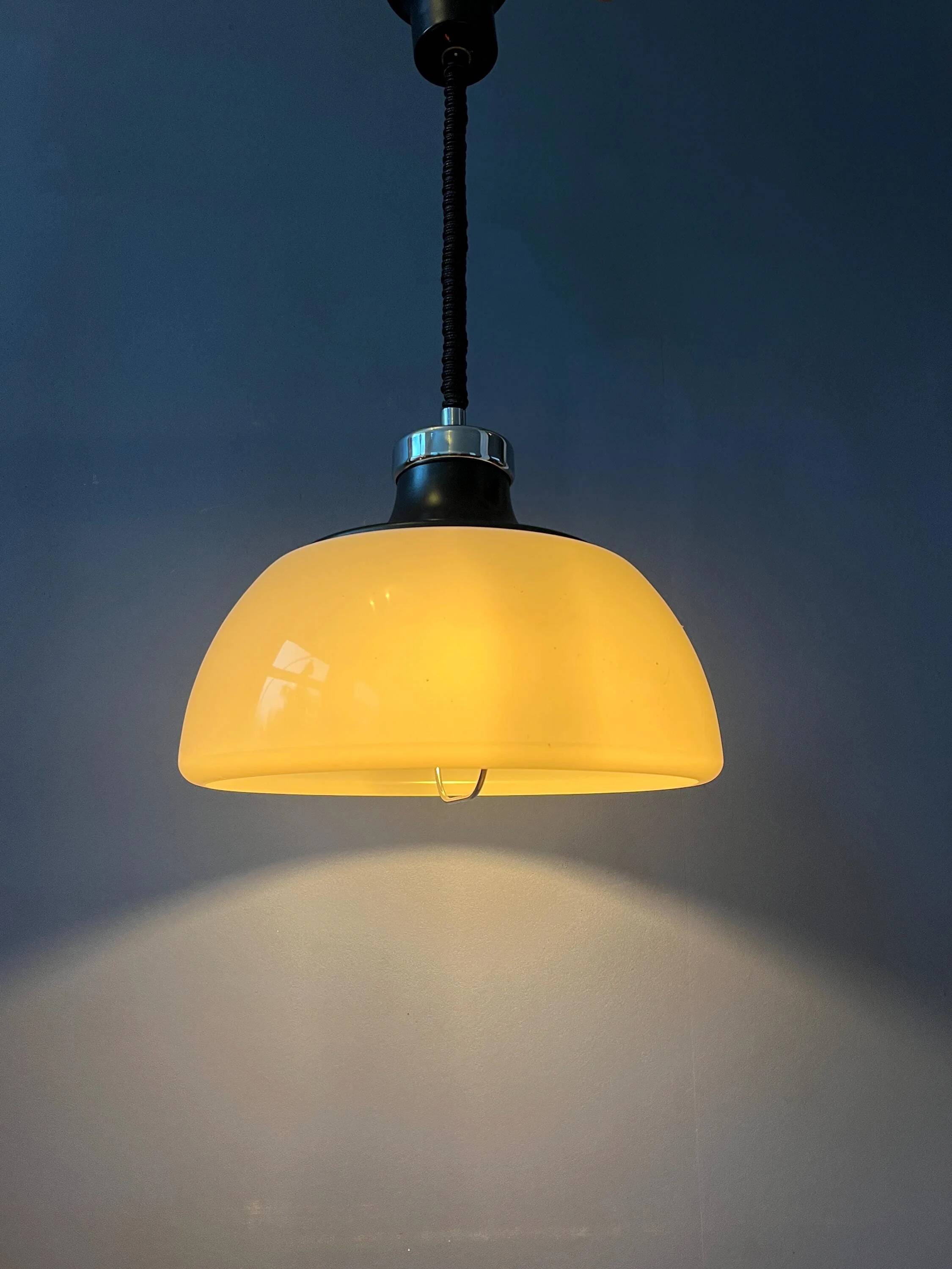 Massive Space Age Mid-Century suspension in plexiglass with white acrylic shade.