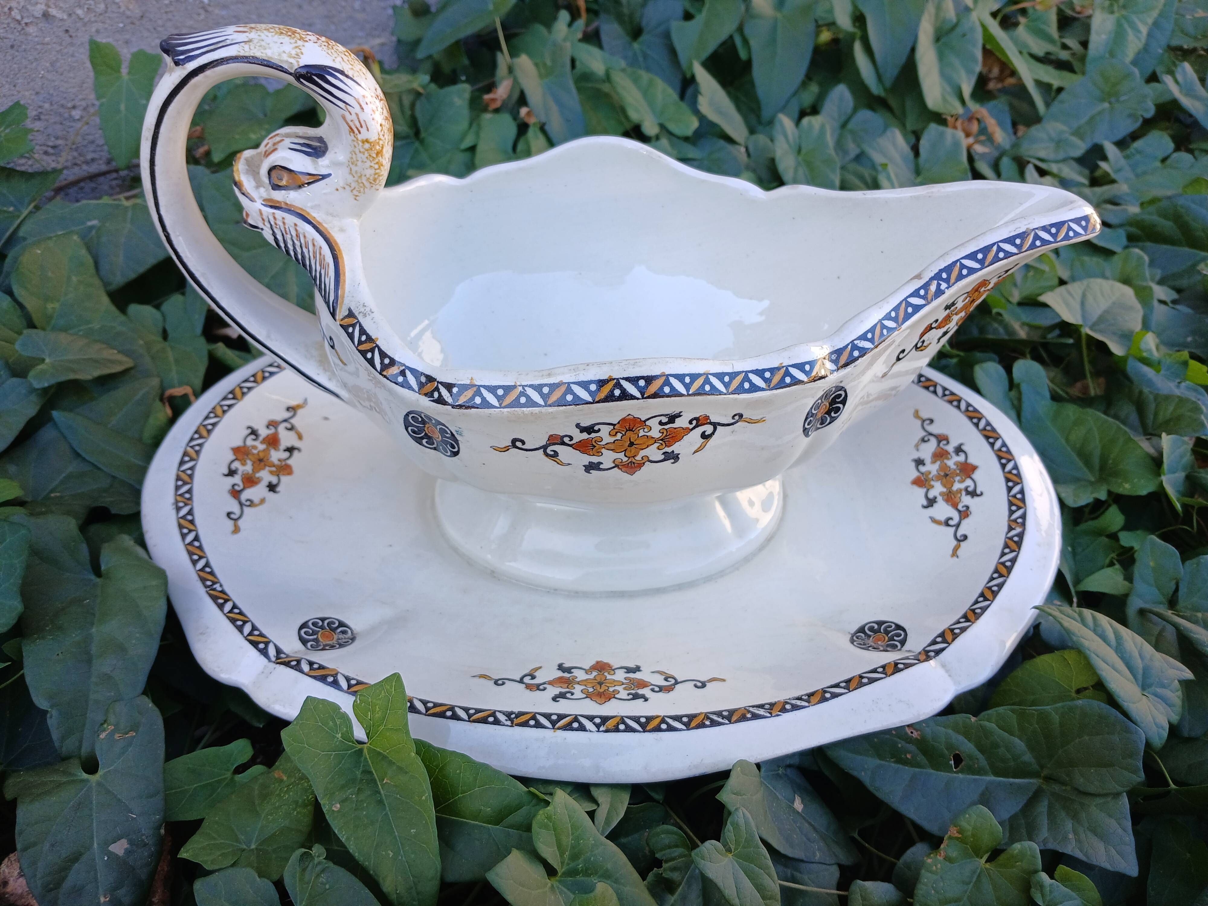 Large antique sauceboat from Gien