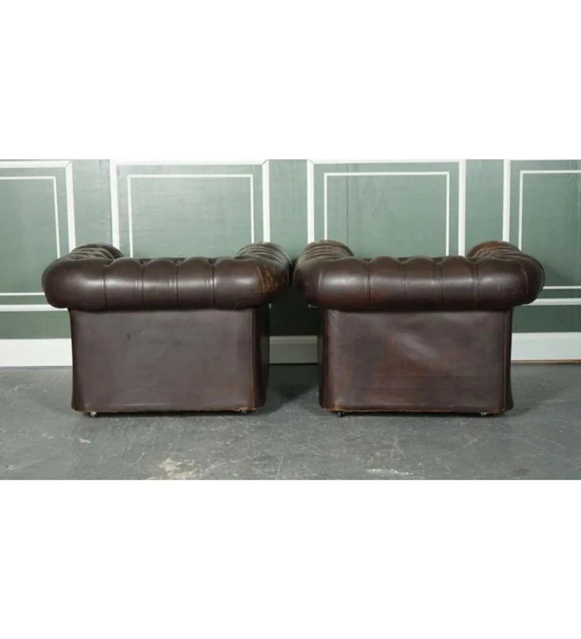 Vintage Brown Leather Chesterfield Club Tub Chairs, Set of 2