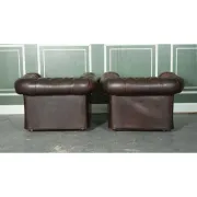 Vintage Brown Leather Chesterfield Club Tub Chairs, Set of 2
