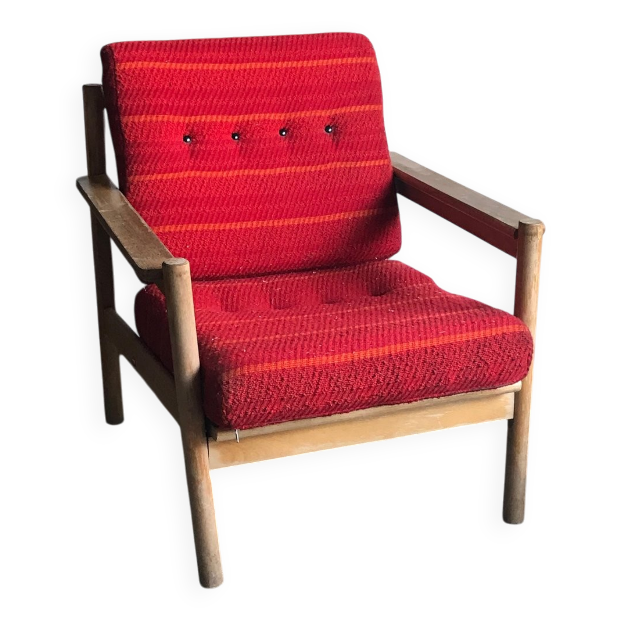 Set of mid-century red upholstered armchairs, 1960s Danish style.