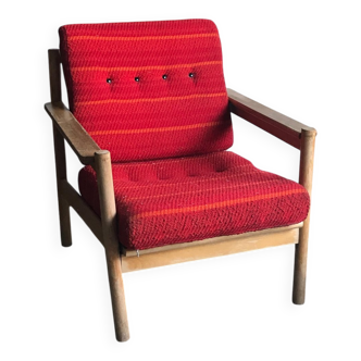 Set of mid-century red upholstered armchairs, 1960s Danish style.