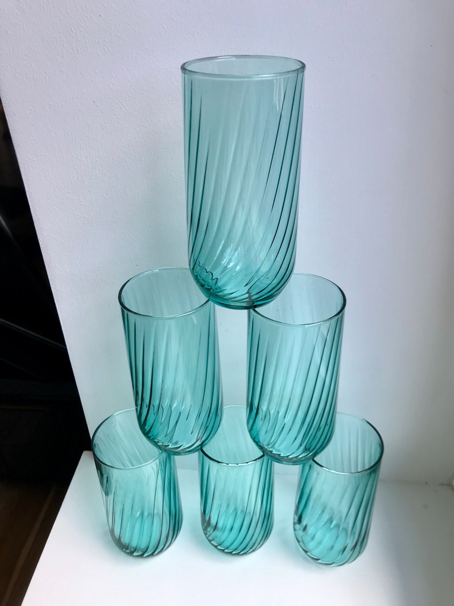 Set of 6 turquoise striped glasses 70s