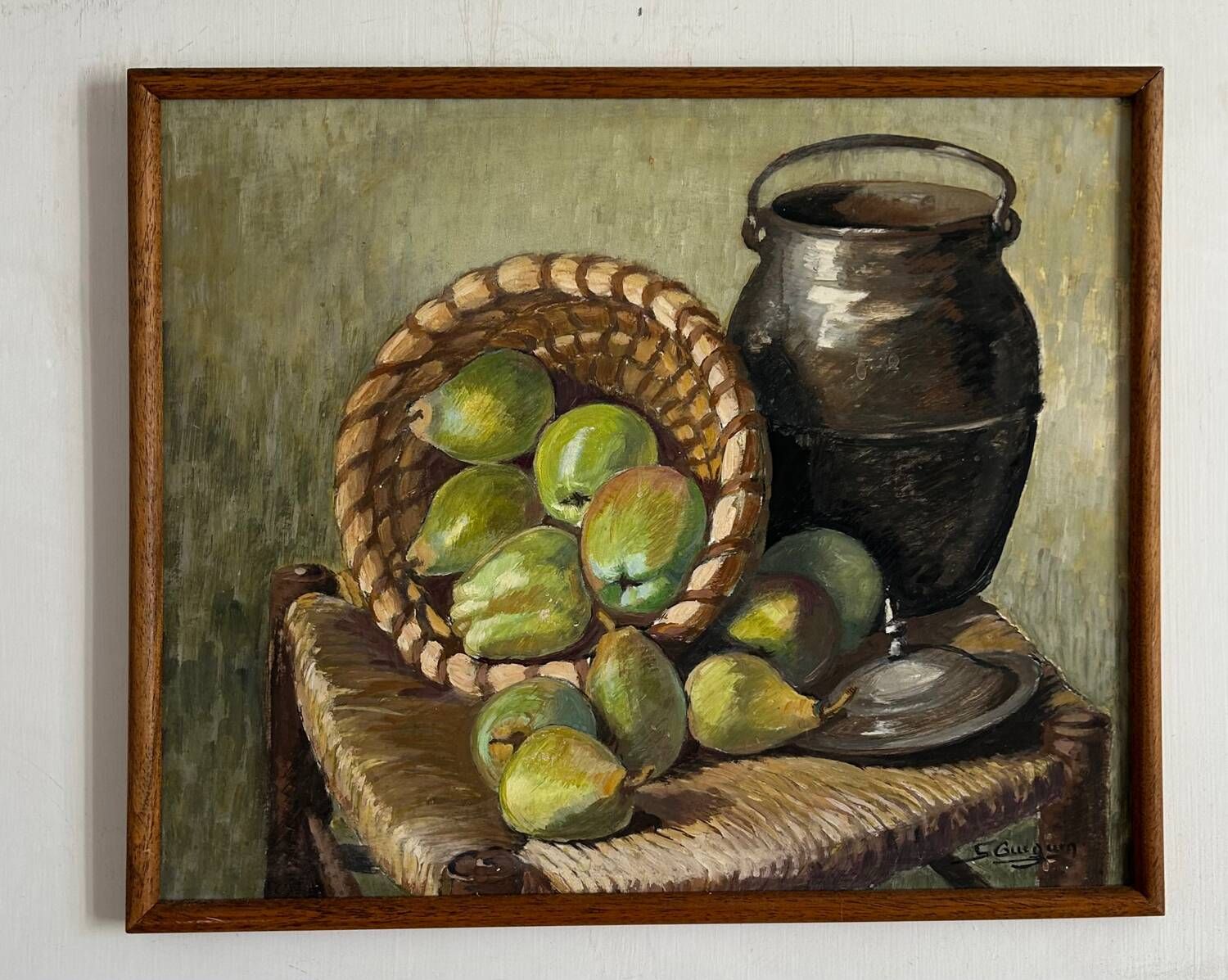Nature morte aux poires de Suzanne Gueguen. Huile sur Panneau . Signature.