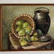 Nature morte aux poires de Suzanne Gueguen. Huile sur Panneau . Signature.