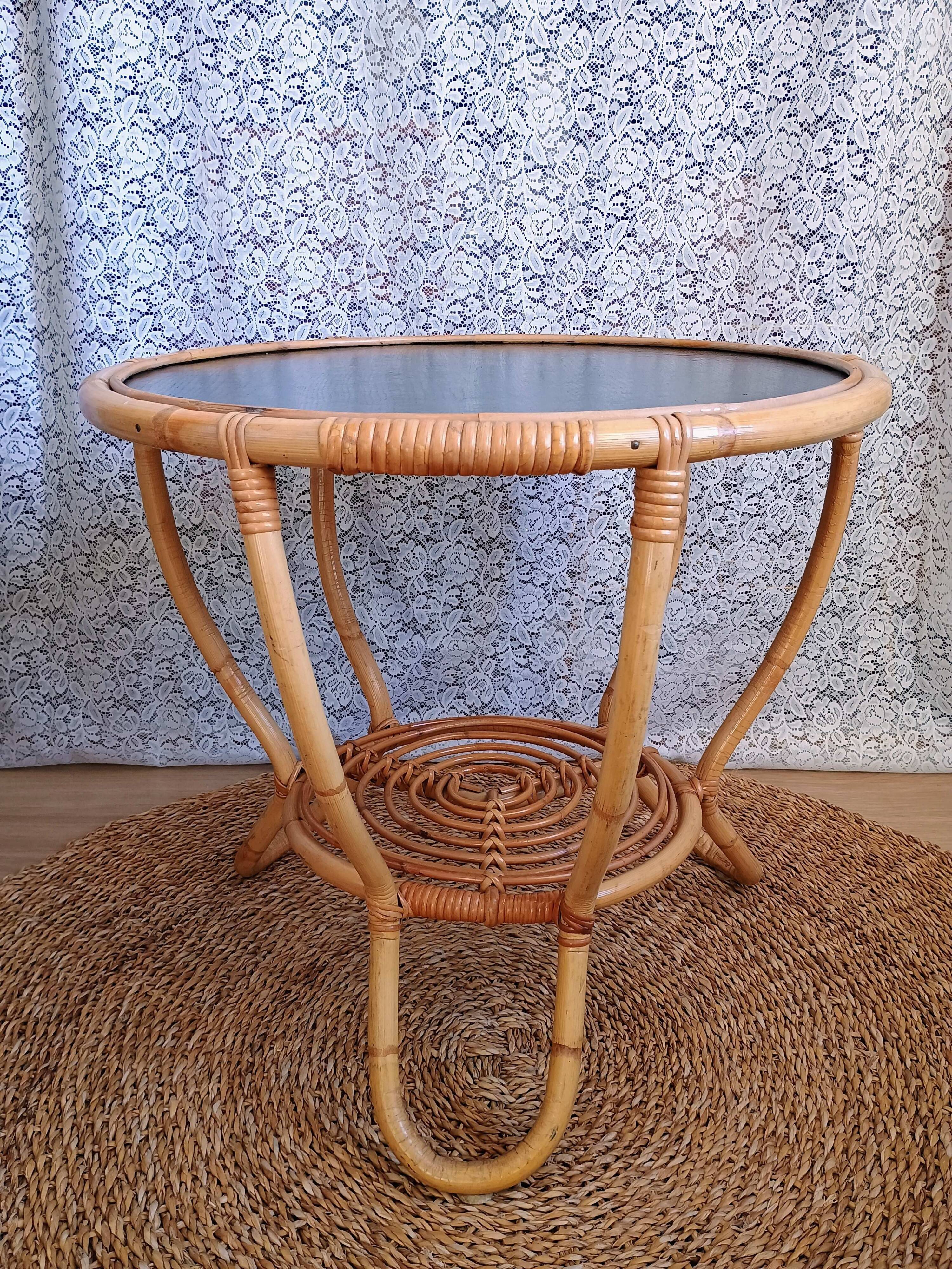 Round vintage rattan coffee table