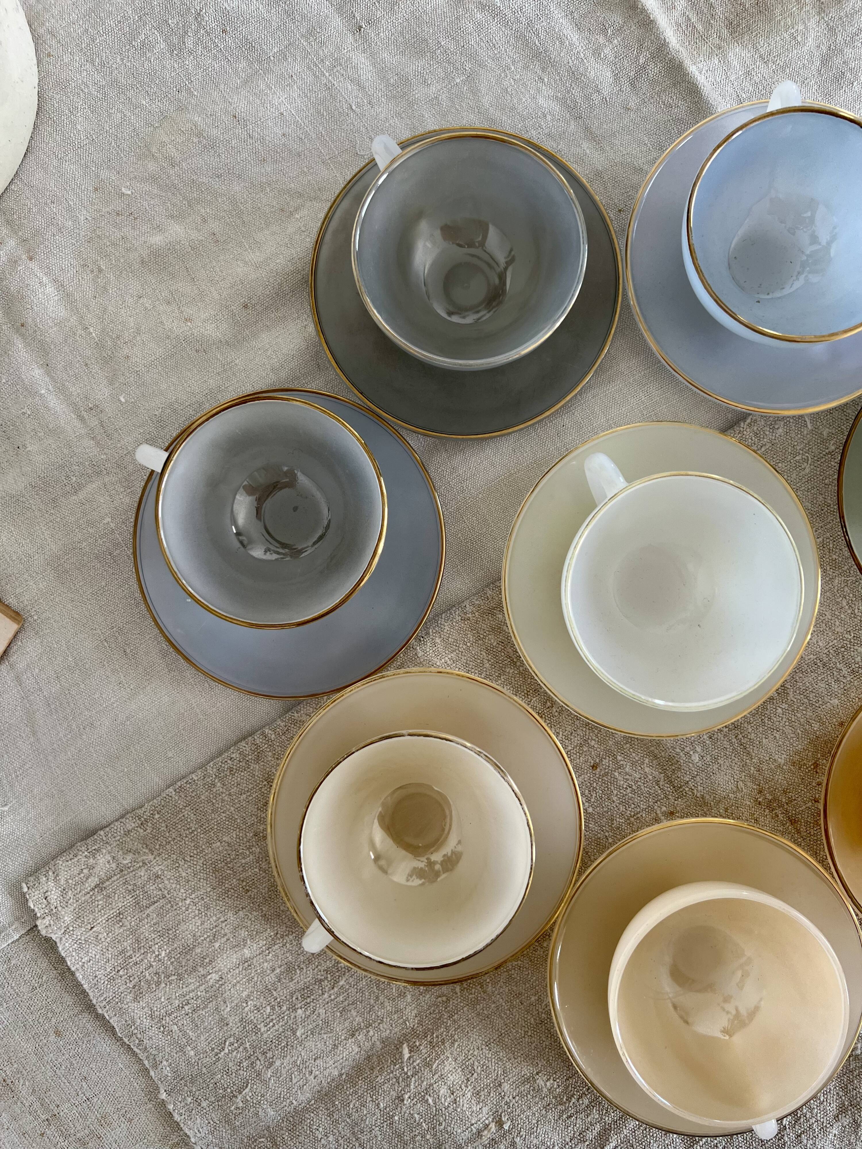 8 vintage cups and saucers Arcopal Harlequin opaline pastel tones with gold edging