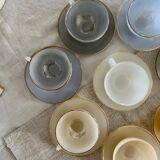 8 vintage cups and saucers Arcopal Harlequin opaline pastel tones with gold edging