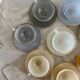 8 vintage cups and saucers Arcopal Harlequin opaline pastel tones with gold edging