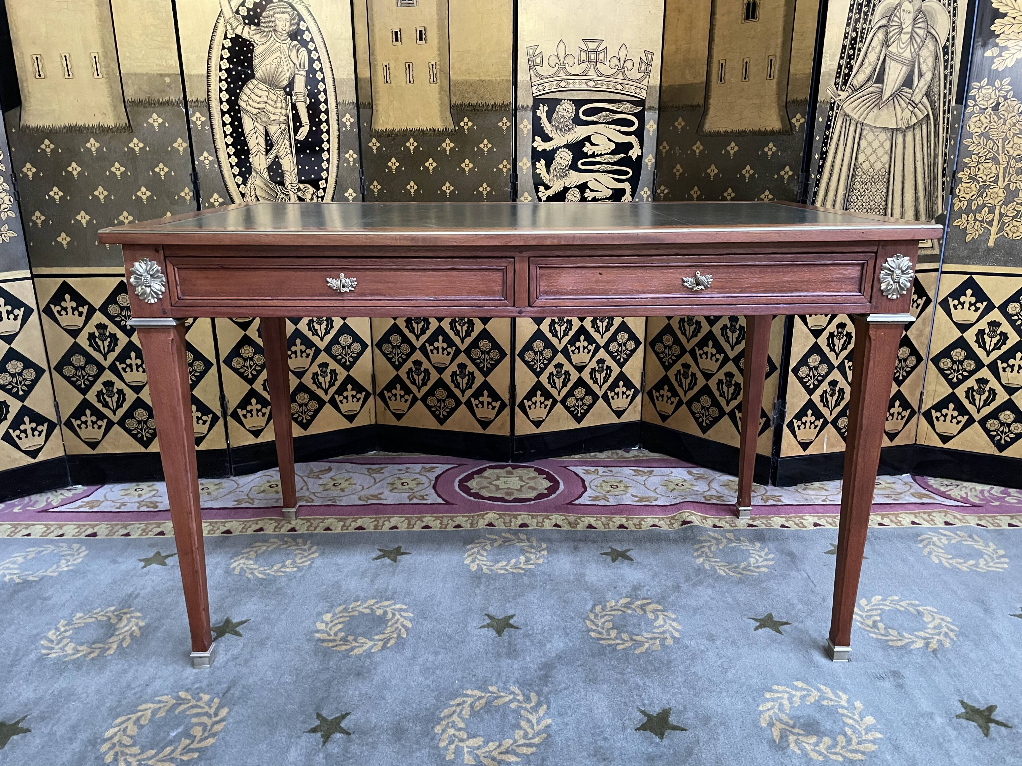 Flat desk in mahogany and leather style Louis XVI restored