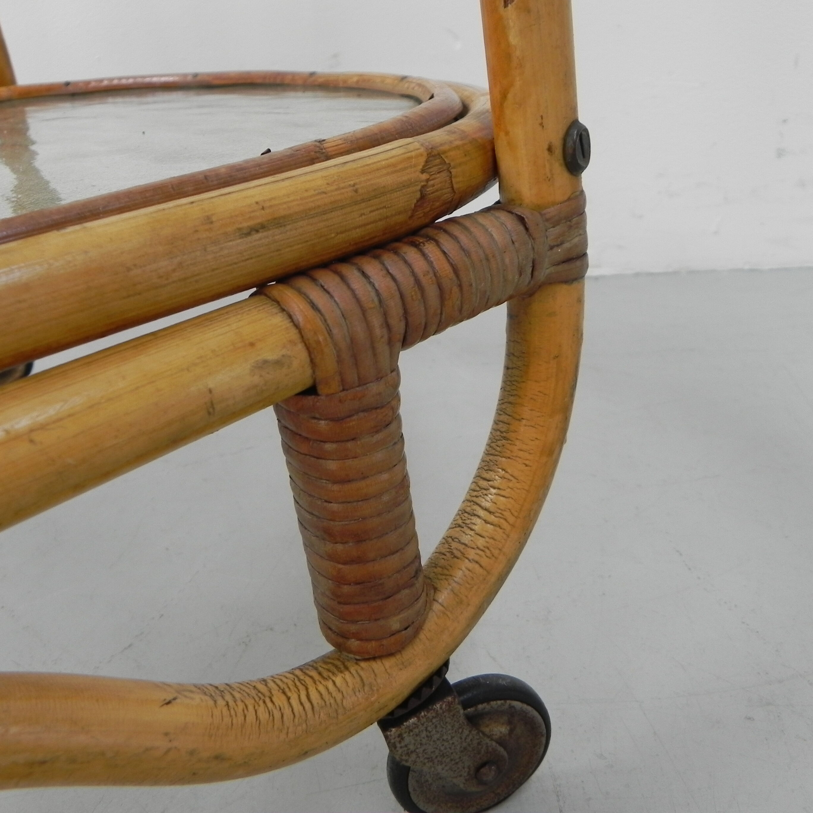 Bamboo, rattan serving trolley on castors