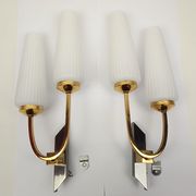 Pair of wall lamps in gilded metal and opaline style white glass