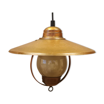 Vintage hanging lamp in solid copper and smoke coloured glass. Danish and estimated from the 50s.