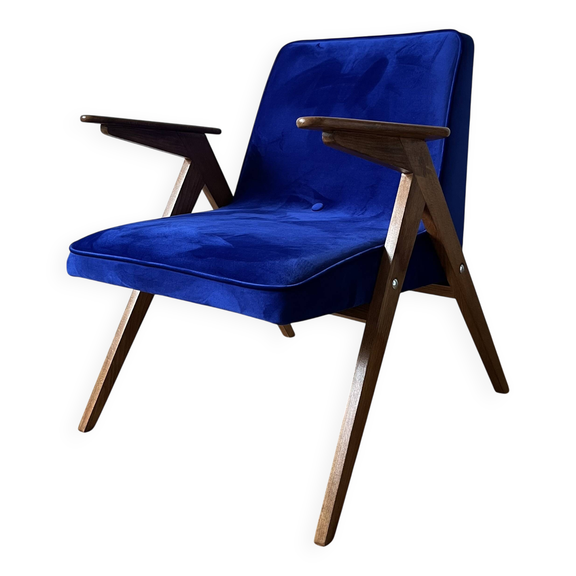 Fauteuil en velours bleu de style mid-century modern restauré, chaise longue vintage