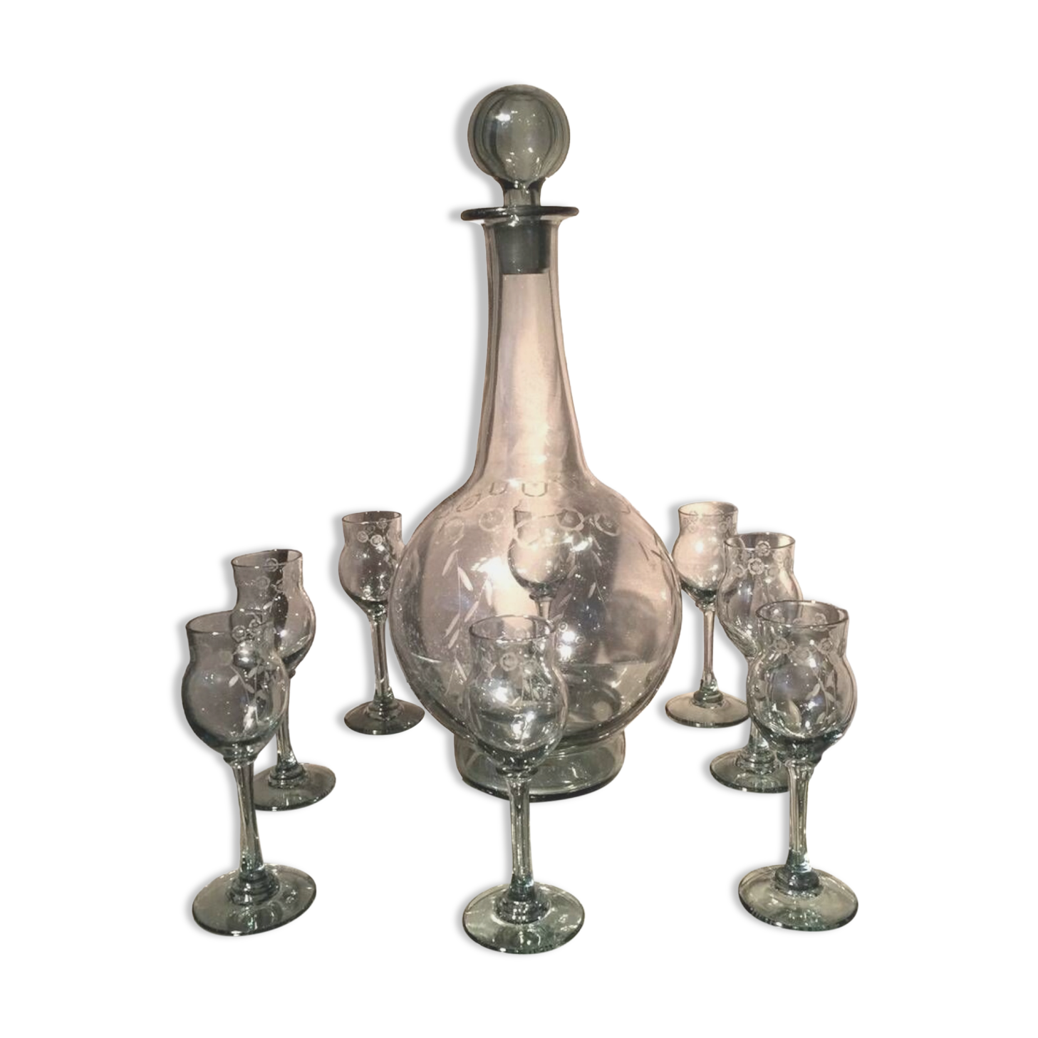 Daum nancy liqueur service 1930s 1940s 8 glasses and a smoke color carafe