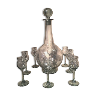 Daum nancy liqueur service 1930s 1940s 8 glasses and a smoke color carafe