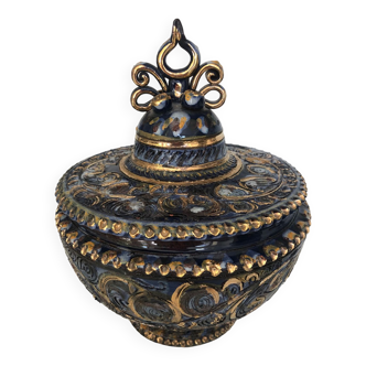 Covered pot in blue and gold glazed terracotta