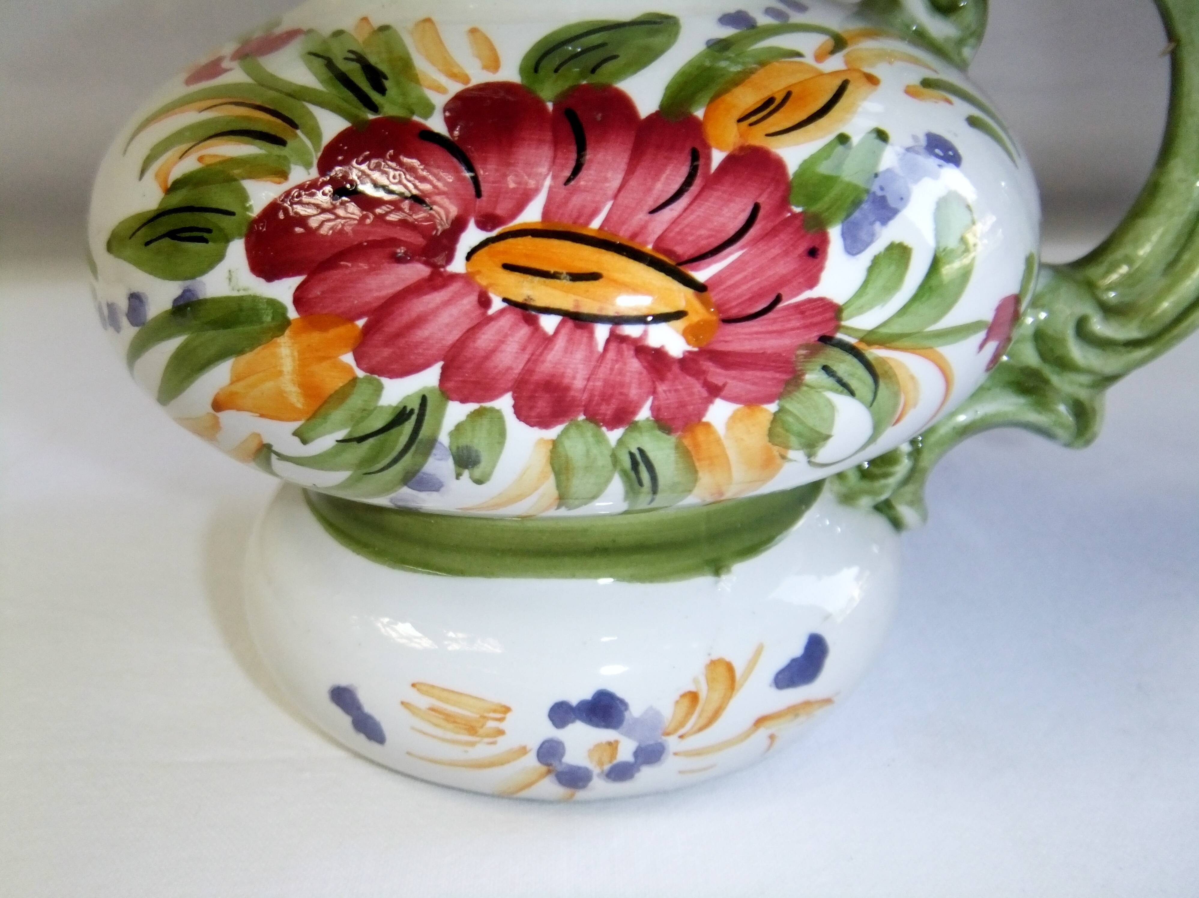 Vintage ceramic slip vase V Bassano pitcher decorated with porcelain flowers