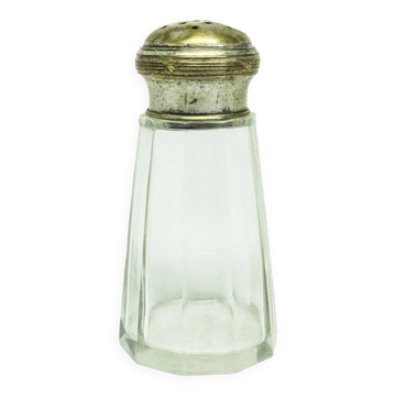 Art Deco powdered sugar bowl, transparent glass, silver-plated brass, Belgium, 1930s.
