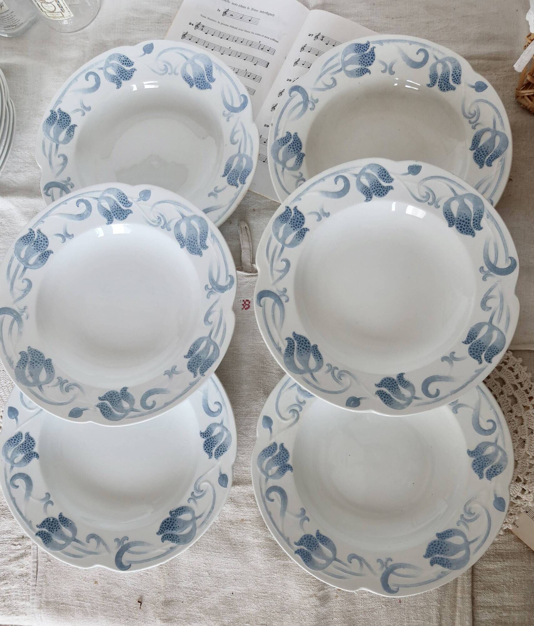 6 soup plates - Tircis model - Antique 82-piece Sarreguemines earthenware dinnerware set