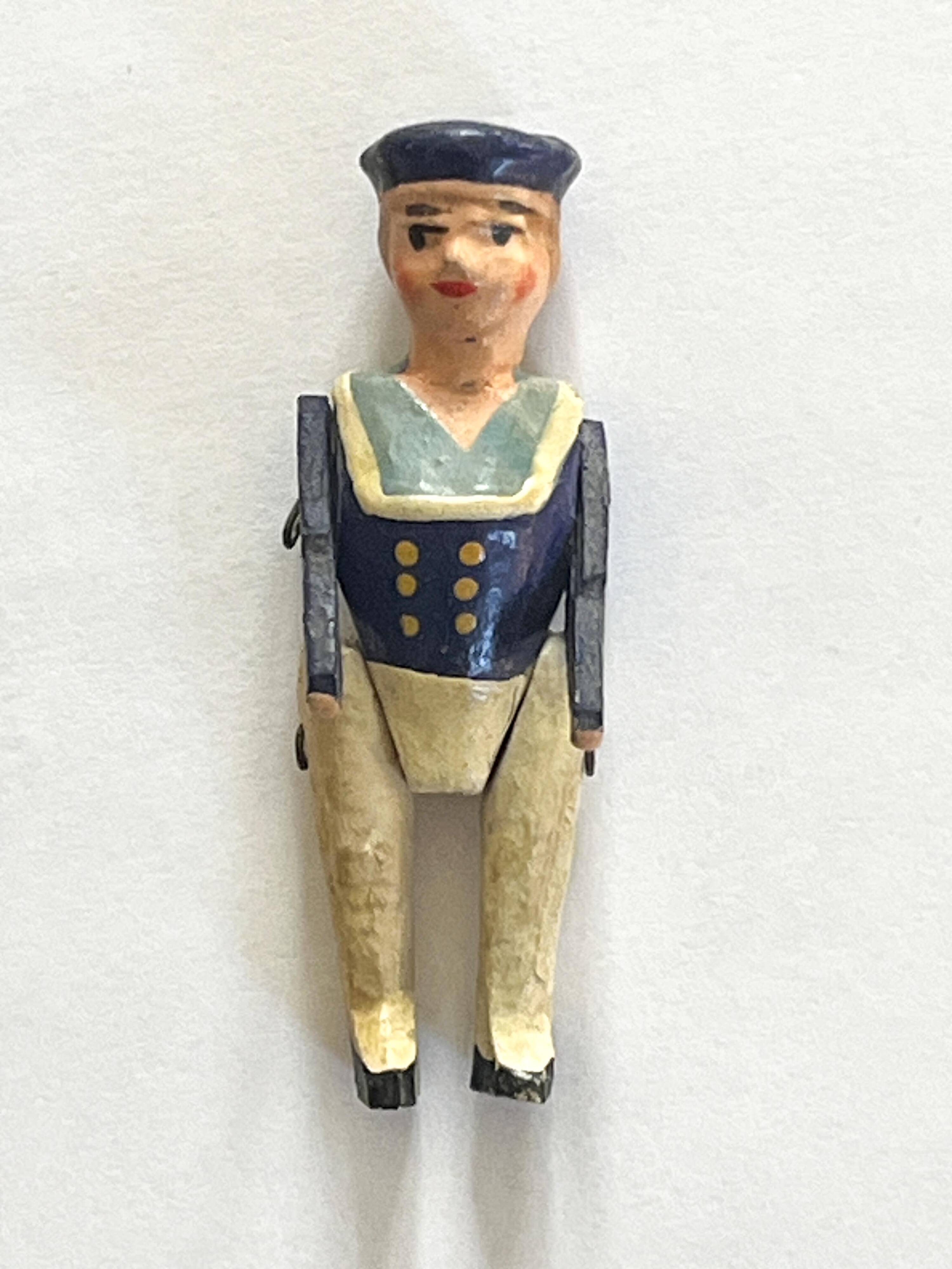 Painted wooden character, French brand Radiguet, vintage toy.