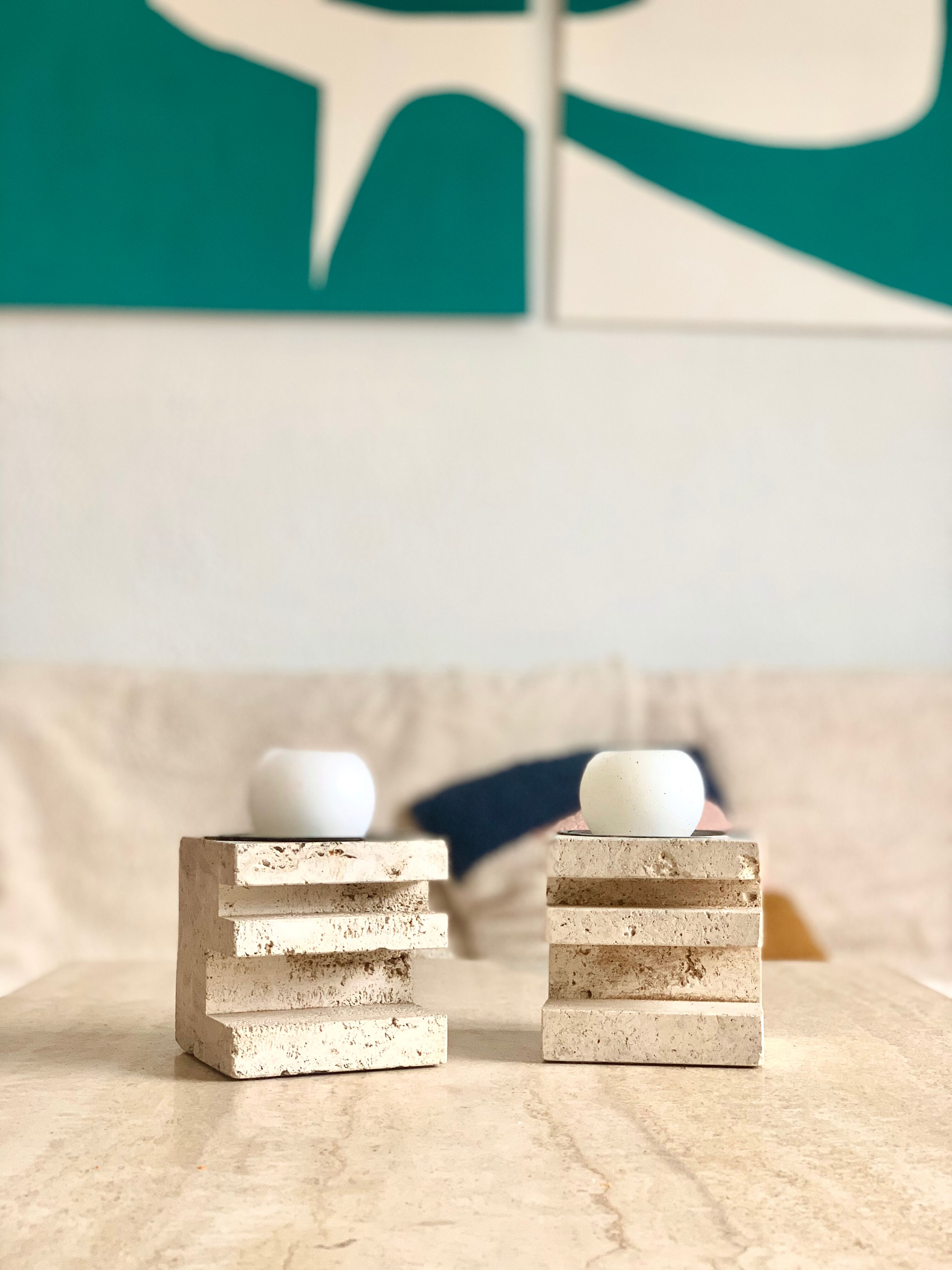 Pair of travertine candlesticks by Fratelli Mannelli, 1970