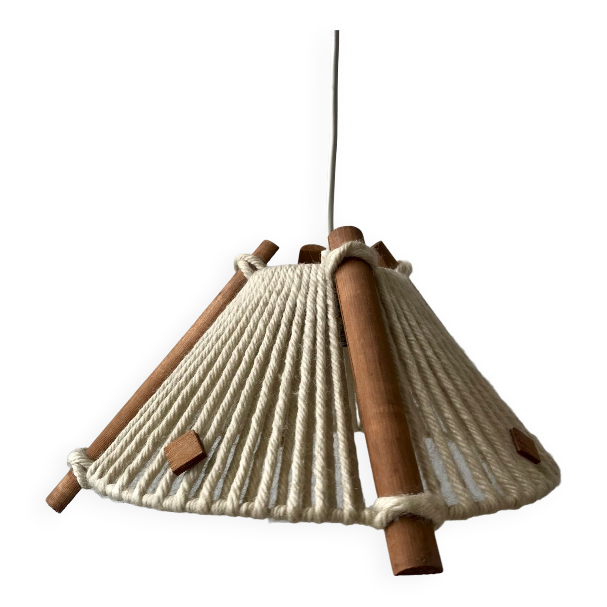 Scandinavian suspension lamp in wood and wool made in gdr 60s