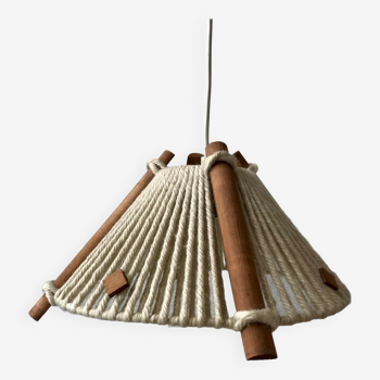 Scandinavian suspension lamp in wood and wool made in gdr 60s