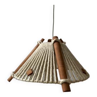 Scandinavian suspension lamp in wood and wool made in gdr 60s